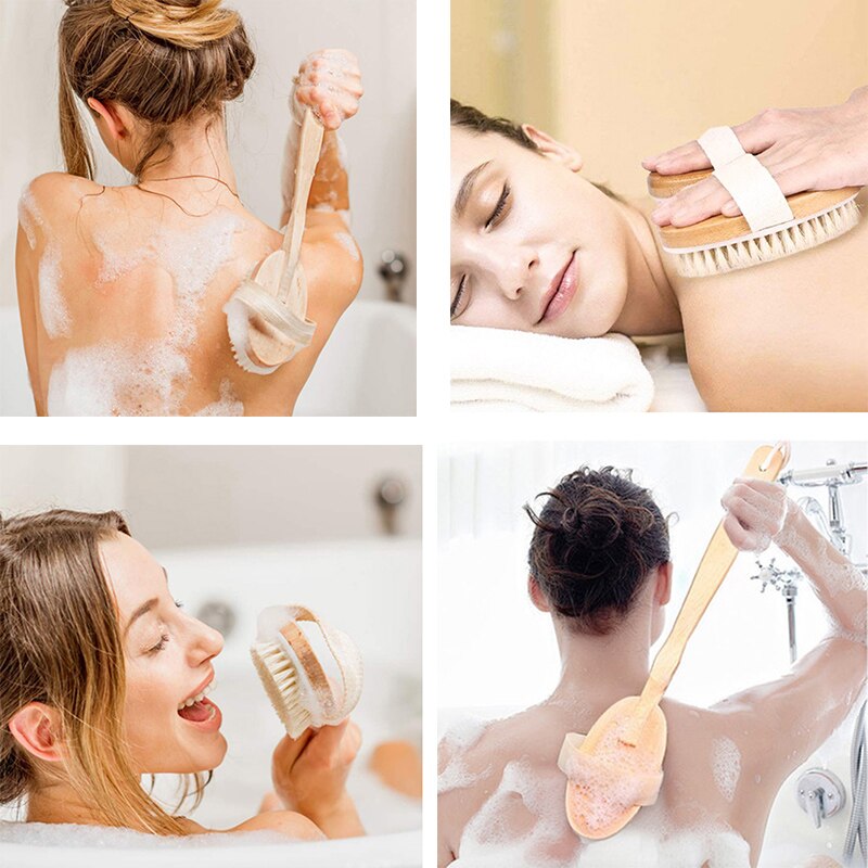 Body Bath Brush for Cellulite Long Wooden Handle Dry or Wet Skin Exfoliator Massage Brush Men & Women Back Scrubber Shower Brush