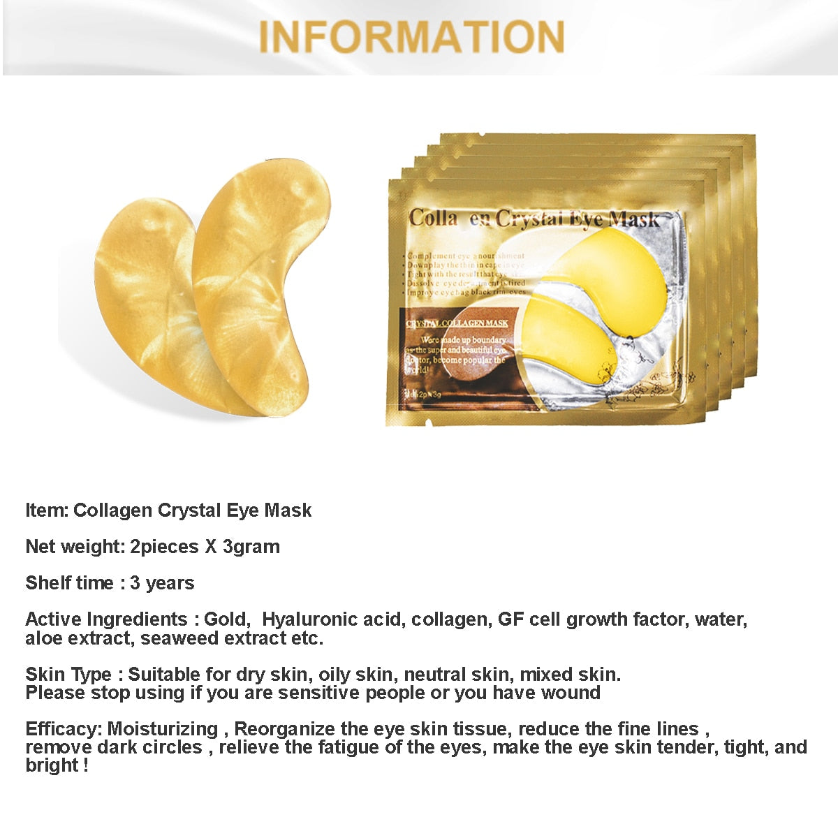 20Packs 24K Gold Crystal Collagen Eye Mask Patch Pad Moisturizing Anti Aging Puffiness Dark Circle Remover Eye Bags Skin Care