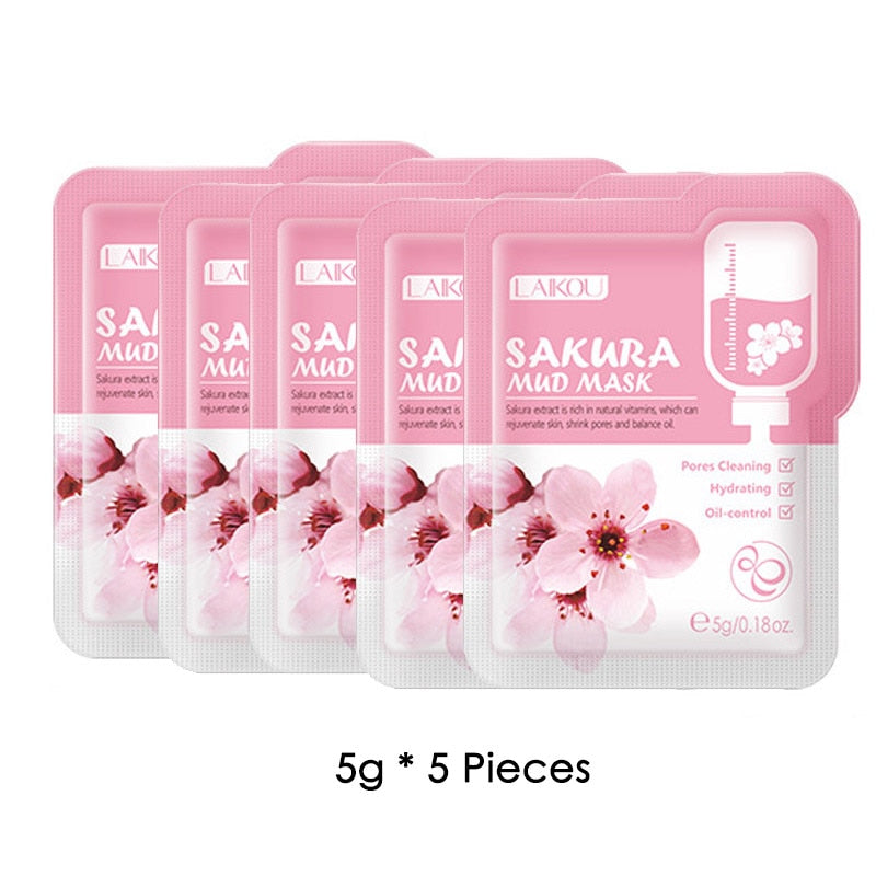 5pcs Japan Sakura Mud Face Mask Anti Wrinkle Night Facial Packs Skin Clean Dark Circle Moisturize Anti-Aging For Facecare