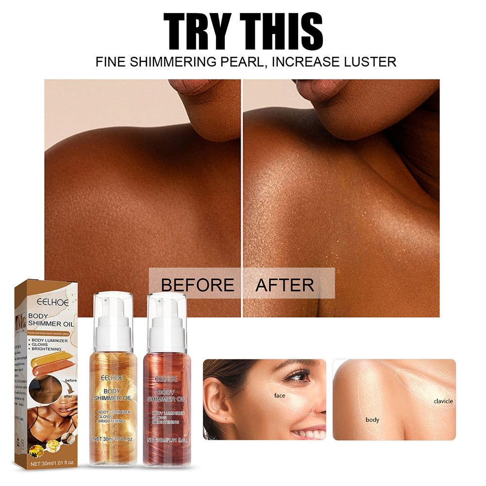30ml Gold Glow Shimmer Body Oil Liquid Illuminator Face Highlighter Cream Glitter Skin Foundation Primer Highlight Creamy Makeup