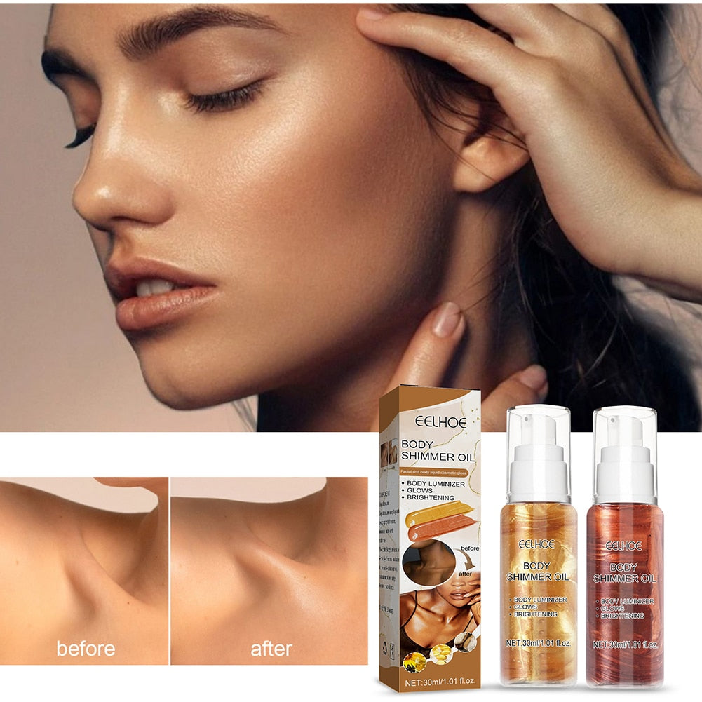 30ml Gold Glow Shimmer Body Oil Liquid Illuminator Face Highlighter Cream Glitter Skin Foundation Primer Highlight Creamy Makeup