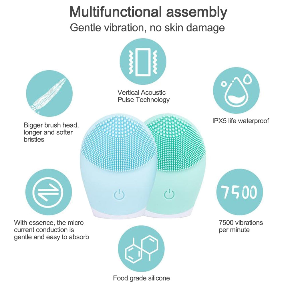 Electric Facial Cleansing Brush Silicone Ultrasonic Vibration Face Cleanser Deep Pores Blackhead Cleaning Washing Skin Massager