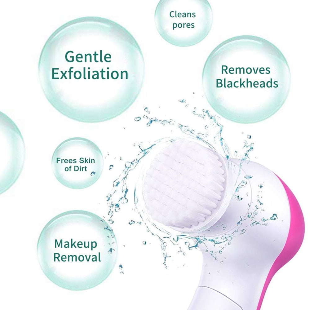 5 in 1 Facial Cleansing Brush Waterproof Face Spin Brush Set with 5 Brush Heads Blackhead Remover Deep Cleansing face (PINK)