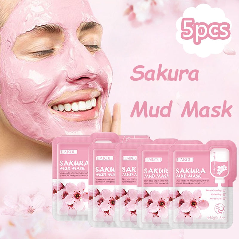 5pcs Japan Sakura Mud Face Mask Anti Wrinkle Night Facial Packs Skin Clean Dark Circle Moisturize Anti-Aging For Facecare