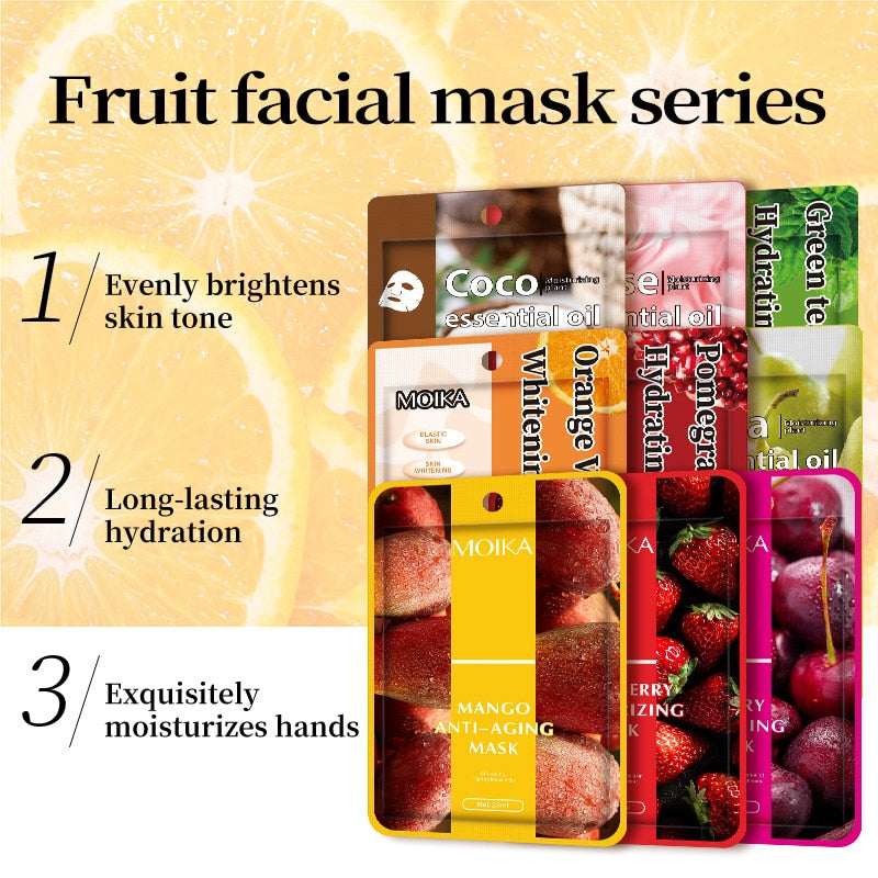 Green Tea Skin Care Plant Essence Face Mask Moisturizing Oil-Control Beauty Skin Pomegranate Rose Fruit Aloe Sheet Face Masks