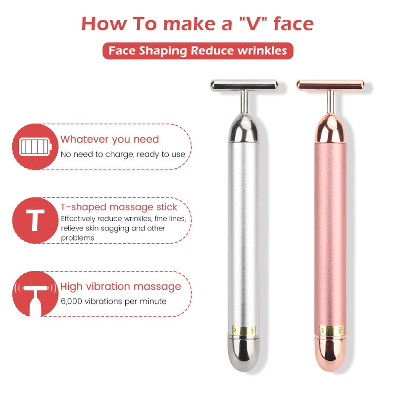 24k Gold Face Lift Bar Roller Vibration Slimming Massager Facial Stick Facial Beauty Skin Care T Shaped Vibrating Tool