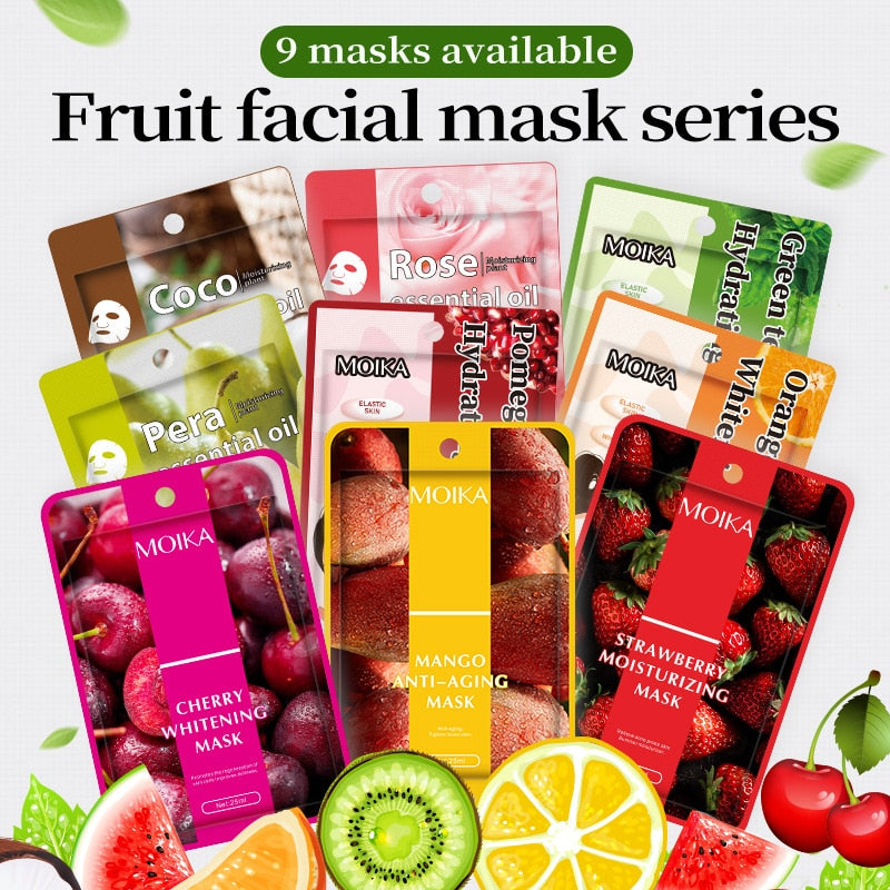 Green Tea Skin Care Plant Essence Face Mask Moisturizing Oil-Control Beauty Skin Pomegranate Rose Fruit Aloe Sheet Face Masks